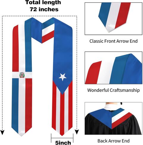 Puerto Rico and Dominican Republic Flag Graduation Stole 72 x 5 Inches Decorative Ceremonial Accessory Sash for International Student (Baccalaureate Gown and Hat Not Included) in Kuwait
