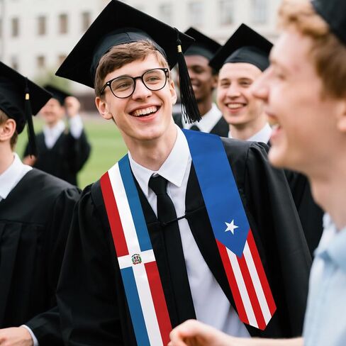 Puerto Rico and Dominican Republic Flag Graduation Stole 72 x 5 Inches Decorative Ceremonial Accessory Sash for International Student (Baccalaureate Gown and Hat Not Included) in Kuwait