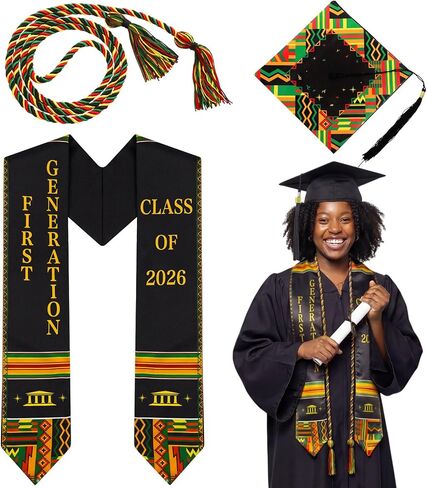 Knitgrip 3 قطع Kente التخرج سرق مجموعة فئة من 2026 فتاة سوداء ماجيك كينتي التخرج سرق مع أحمر أسود أصفر وأخضر حبل الشرف وقبعة التخرج توبر للكلية الكبار 2026 هدية التخرج in Kuwait