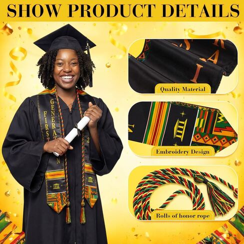 Knitgrip 3 قطع Kente التخرج سرق مجموعة فئة من 2026 فتاة سوداء ماجيك كينتي التخرج سرق مع أحمر أسود أصفر وأخضر حبل الشرف وقبعة التخرج توبر للكلية الكبار 2026 هدية التخرج in Kuwait