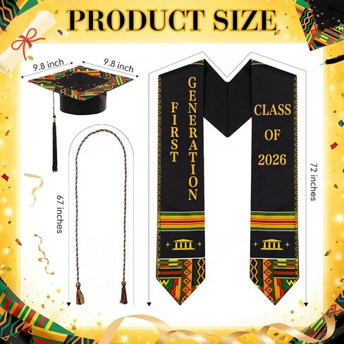 Knitgrip 3 قطع Kente التخرج سرق مجموعة فئة من 2026 فتاة سوداء ماجيك كينتي التخرج سرق مع أحمر أسود أصفر وأخضر حبل الشرف وقبعة التخرج توبر للكلية الكبار 2026 هدية التخرج in Kuwait