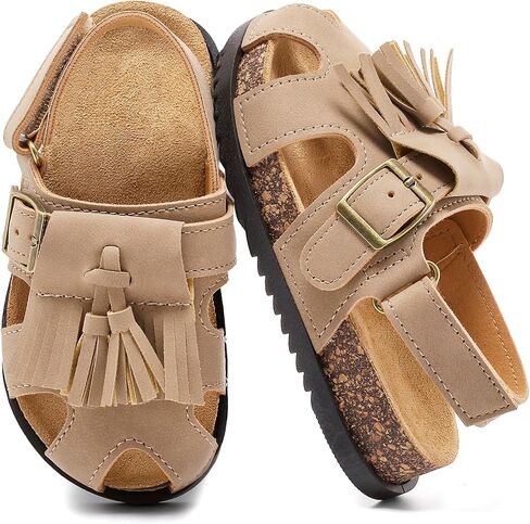 Toddlers Girls Cork Footbed Sandals, Adjustable Buckle with Back Strap Boys Sandals, Closed Toe Non-Slip for Kids Fringe Slides, Lightweight Comfort Summer Outdoor Walking Casual Shoes in Kuwait