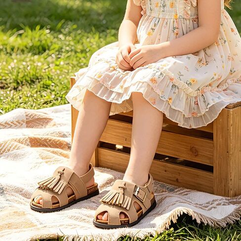 Toddlers Girls Cork Footbed Sandals, Adjustable Buckle with Back Strap Boys Sandals, Closed Toe Non-Slip for Kids Fringe Slides, Lightweight Comfort Summer Outdoor Walking Casual Shoes in Kuwait