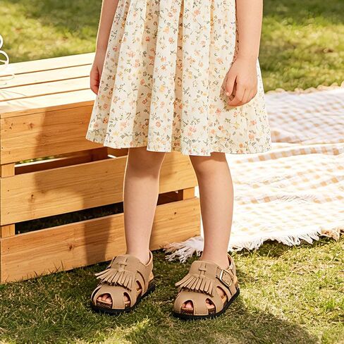 Toddlers Girls Cork Footbed Sandals, Adjustable Buckle with Back Strap Boys Sandals, Closed Toe Non-Slip for Kids Fringe Slides, Lightweight Comfort Summer Outdoor Walking Casual Shoes in Kuwait
