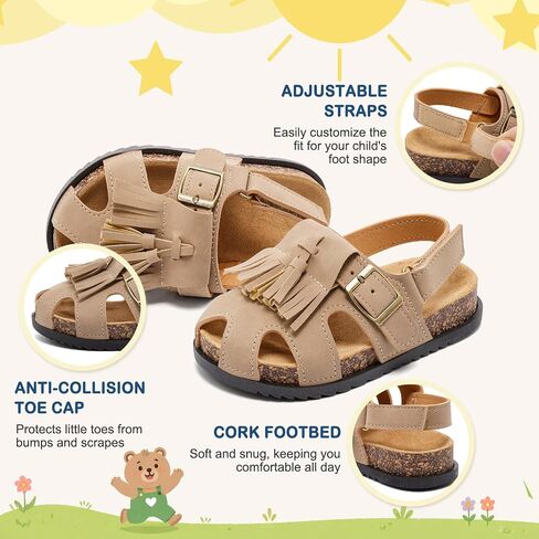 Toddlers Girls Cork Footbed Sandals, Adjustable Buckle with Back Strap Boys Sandals, Closed Toe Non-Slip for Kids Fringe Slides, Lightweight Comfort Summer Outdoor Walking Casual Shoes in Kuwait