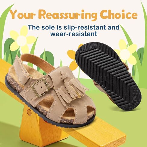 Toddlers Girls Cork Footbed Sandals, Adjustable Buckle with Back Strap Boys Sandals, Closed Toe Non-Slip for Kids Fringe Slides, Lightweight Comfort Summer Outdoor Walking Casual Shoes in Kuwait