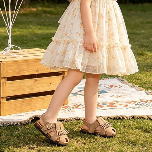 Toddlers Girls Cork Footbed Sandals, Adjustable Buckle with Back Strap Boys Sandals, Closed Toe Non-Slip for Kids Fringe Slides, Lightweight Comfort Summer Outdoor Walking Casual Shoes in Kuwait