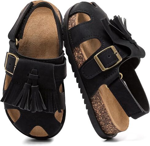 Toddlers Girls Cork Footbed Sandals, Adjustable Buckle with Back Strap Boys Sandals, Closed Toe Non-Slip for Kids Fringe Slides, Lightweight Comfort Summer Outdoor Walking Casual Shoes in Kuwait