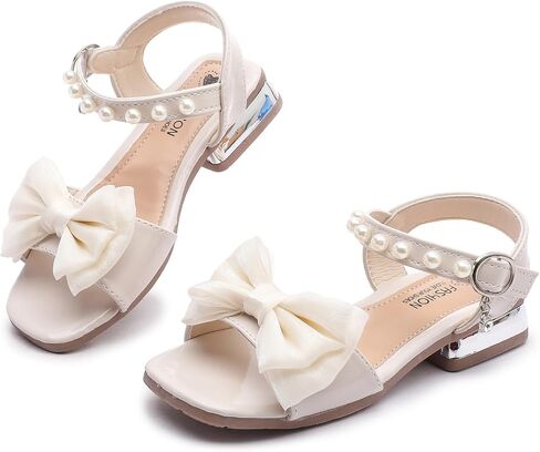 DADAWEN Girls Sandals Low Heels Dress Shoes Ankle Pearls Strap Open Toe Bowknot Princess Sandals Summer Flower Girl Shoes Toddler Little Big Kid in Kuwait