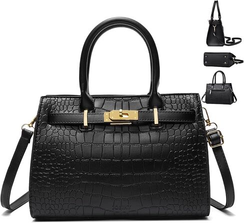 Black Crocodile Patterned Handbags - Premium Faux Leather Embossed Bag Top-Handle Crossbody Bags Suitable for Work and Travel Women's Handbags- Shoulder Clutch with Adjustable Shoulder Strap in Saudi Arabia
