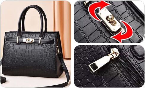 Black Crocodile Patterned Handbags - Premium Faux Leather Embossed Bag Top-Handle Crossbody Bags Suitable for Work and Travel Women's Handbags- Shoulder Clutch with Adjustable Shoulder Strap in Saudi Arabia