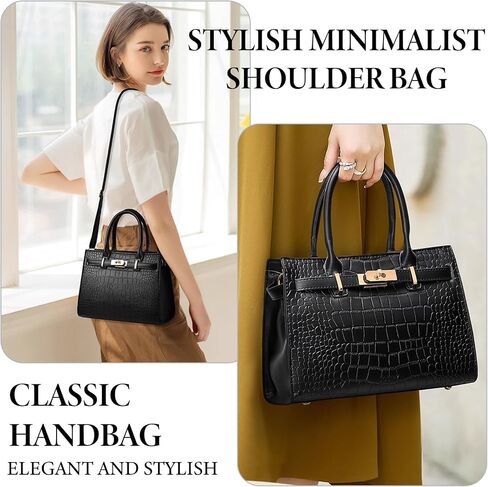 Black Crocodile Patterned Handbags - Premium Faux Leather Embossed Bag Top-Handle Crossbody Bags Suitable for Work and Travel Women's Handbags- Shoulder Clutch with Adjustable Shoulder Strap in Saudi Arabia