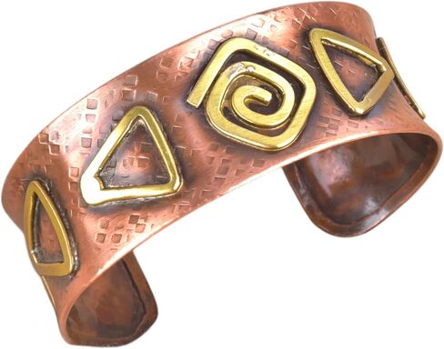 Copper Bracelet for Men & Women – Adult Handmade Copper Cuff Bracelet Jewelry with Brass Geometric Inlays, Adjustable Open Cuff, Tribal Spiral & Triangle Vintage Style Rustic Hammered Finish Artisan Design Gift in Saudi Arabia