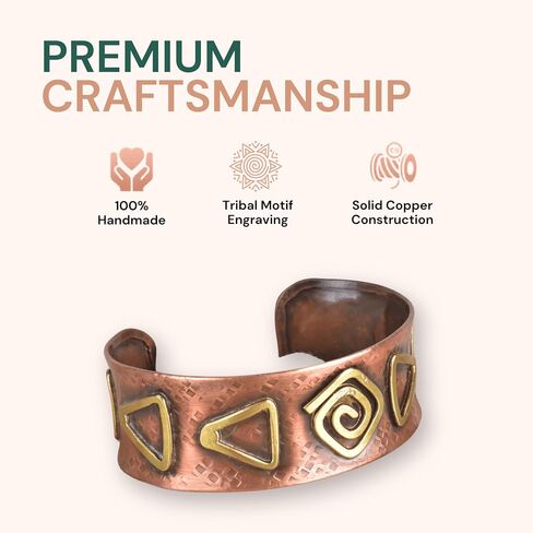 Copper Bracelet for Men & Women – Adult Handmade Copper Cuff Bracelet Jewelry with Brass Geometric Inlays, Adjustable Open Cuff, Tribal Spiral & Triangle Vintage Style Rustic Hammered Finish Artisan Design Gift in Saudi Arabia