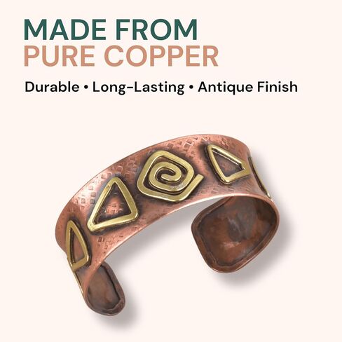 Copper Bracelet for Men & Women – Adult Handmade Copper Cuff Bracelet Jewelry with Brass Geometric Inlays, Adjustable Open Cuff, Tribal Spiral & Triangle Vintage Style Rustic Hammered Finish Artisan Design Gift in Saudi Arabia
