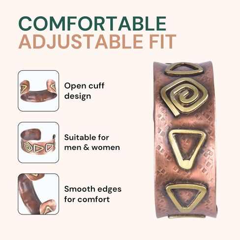 Copper Bracelet for Men & Women – Adult Handmade Copper Cuff Bracelet Jewelry with Brass Geometric Inlays, Adjustable Open Cuff, Tribal Spiral & Triangle Vintage Style Rustic Hammered Finish Artisan Design Gift in Saudi Arabia