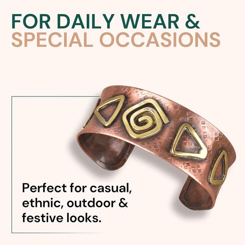 Copper Bracelet for Men & Women – Adult Handmade Copper Cuff Bracelet Jewelry with Brass Geometric Inlays, Adjustable Open Cuff, Tribal Spiral & Triangle Vintage Style Rustic Hammered Finish Artisan Design Gift in Saudi Arabia