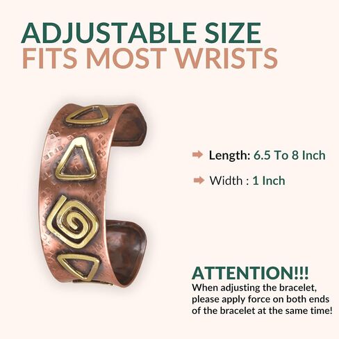 Copper Bracelet for Men & Women – Adult Handmade Copper Cuff Bracelet Jewelry with Brass Geometric Inlays, Adjustable Open Cuff, Tribal Spiral & Triangle Vintage Style Rustic Hammered Finish Artisan Design Gift in Saudi Arabia