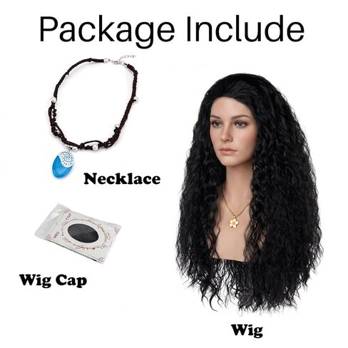 Long Black Curly Wig with Necklace Black Fluffy Anime Princess Wig for Women Heat Resistant Synthetic Hair for Halloween Cosplay Party Costume in Saudi Arabia