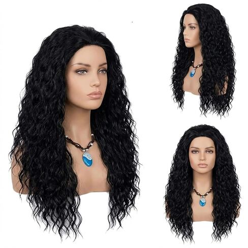 Long Black Curly Wig with Necklace Black Fluffy Anime Princess Wig for Women Heat Resistant Synthetic Hair for Halloween Cosplay Party Costume in Saudi Arabia