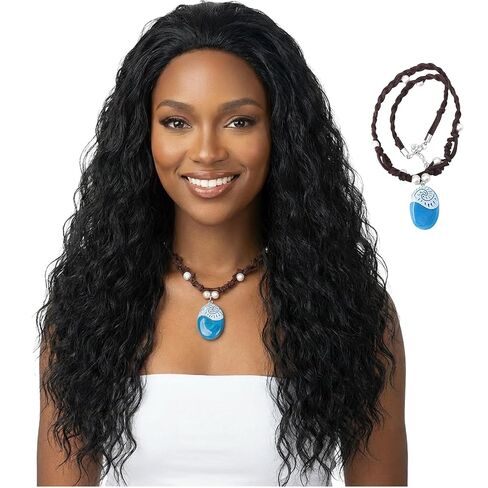 Long Black Curly Wig with Necklace Black Fluffy Anime Princess Wig for Women Heat Resistant Synthetic Hair for Halloween Cosplay Party Costume in Saudi Arabia