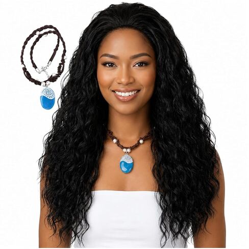 Long Black Curly Wig with Necklace Black Fluffy Anime Princess Wig for Women Heat Resistant Synthetic Hair for Halloween Cosplay Party Costume in Saudi Arabia