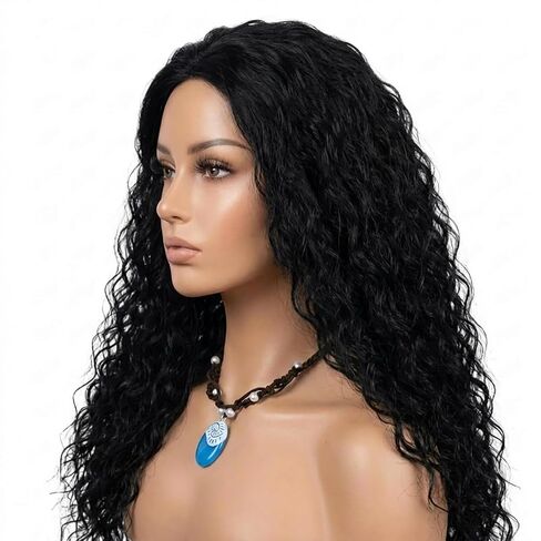 Long Black Curly Wig with Necklace Black Fluffy Anime Princess Wig for Women Heat Resistant Synthetic Hair for Halloween Cosplay Party Costume in Saudi Arabia