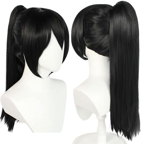 Long Black Ponytail Wig with Bangs for Women Peluca Negra Straight Black Ponytail Wig Synthetic Wigs Anime Detachable Clip-on Ponytait Black Cosplay Wigs for Halloween Costume Party+Hair Cap in Kuwait