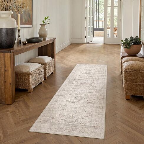 PureCozy 2x8 Runner Rug Hallway Non Slip Kitchen Vintage Distressed Long Carpet Indoor Machine Washable Retro Floral Bedroom Accent Throw Rug for Office Laundry Bathroom Dining Living Room,Beige in Saudi Arabia