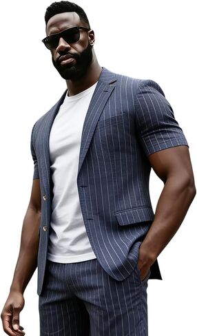 Men's Short Sleeve 2 Piece Suit Set Peak Lapel Striped Shorts & Blazer for Summer Business Casual Wedding ﻿ ﻿ in Saudi Arabia