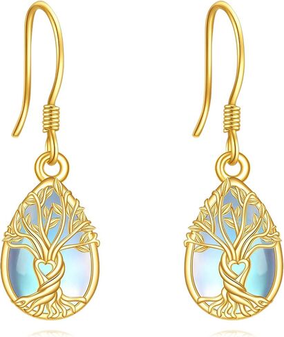 14k الذهب الحقيقي شجرة الحياة أقراط Moonstone شجرة الحياة استرخى أقراط الذهب الأصفر شجرة العائلة مجوهرات للنساء الإناث هدايا عيد الميلاد in Kuwait