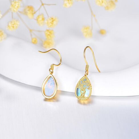 14k الذهب الحقيقي شجرة الحياة أقراط Moonstone شجرة الحياة استرخى أقراط الذهب الأصفر شجرة العائلة مجوهرات للنساء الإناث هدايا عيد الميلاد in Kuwait