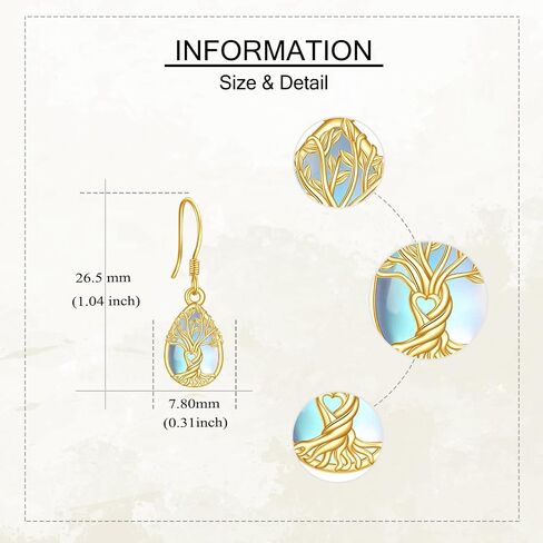 14k الذهب الحقيقي شجرة الحياة أقراط Moonstone شجرة الحياة استرخى أقراط الذهب الأصفر شجرة العائلة مجوهرات للنساء الإناث هدايا عيد الميلاد in Kuwait