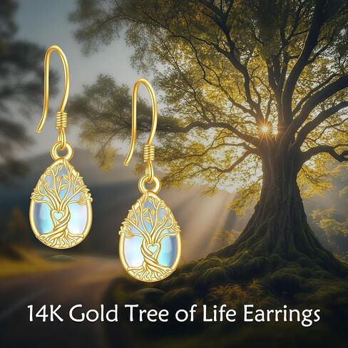 14k الذهب الحقيقي شجرة الحياة أقراط Moonstone شجرة الحياة استرخى أقراط الذهب الأصفر شجرة العائلة مجوهرات للنساء الإناث هدايا عيد الميلاد in Kuwait