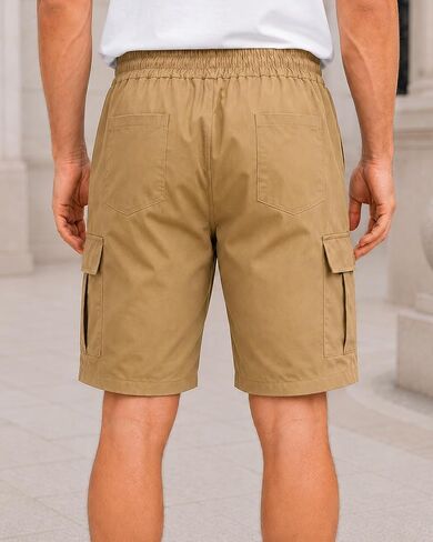 Mens Cargo Shorts Elastic Waist Drawstring Lightweight Casual Bottoms Multi Pocket in Kuwait