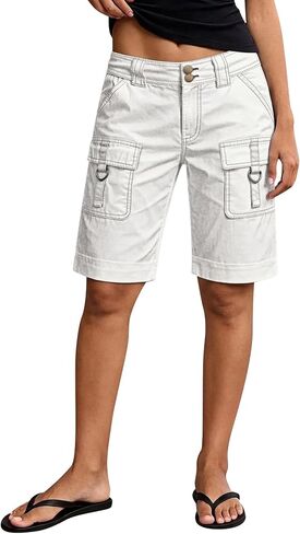Flamingals Bermuda Shorts for Women Mid Waist Washed Dual Button Seam Detail Casual Denim Shorts with Flap Pocket in Kuwait