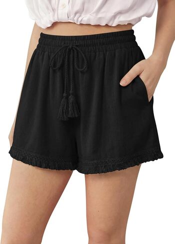 DIBAOLONG Womens Linen Shorts Elastic Waist Wide Leg Summer Beach Casual Boho Tassel Shorts with Drawstring and Pockets in Kuwait
