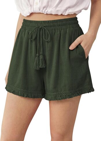 DIBAOLONG Womens Linen Shorts Elastic Waist Wide Leg Summer Beach Casual Boho Tassel Shorts with Drawstring and Pockets in Kuwait