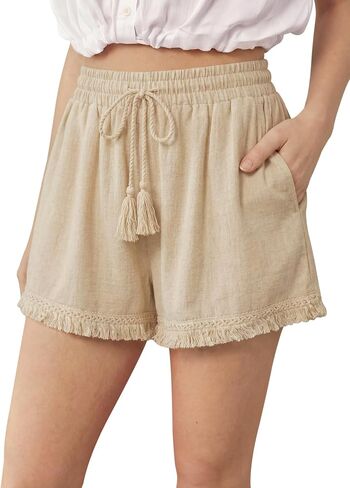 DIBAOLONG Womens Linen Shorts Elastic Waist Wide Leg Summer Beach Casual Boho Tassel Shorts with Drawstring and Pockets in Kuwait