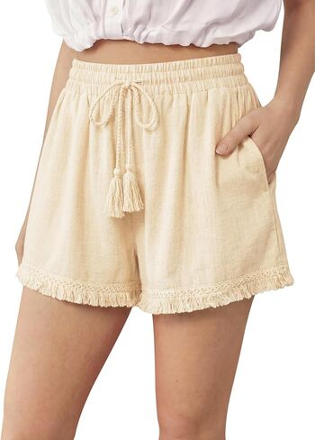 DIBAOLONG Womens Linen Shorts Elastic Waist Wide Leg Summer Beach Casual Boho Tassel Shorts with Drawstring and Pockets in Kuwait