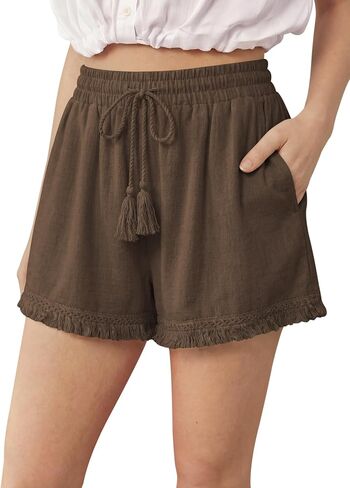 DIBAOLONG Womens Linen Shorts Elastic Waist Wide Leg Summer Beach Casual Boho Tassel Shorts with Drawstring and Pockets in Kuwait