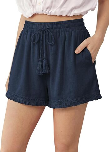 DIBAOLONG Womens Linen Shorts Elastic Waist Wide Leg Summer Beach Casual Boho Tassel Shorts with Drawstring and Pockets in Kuwait