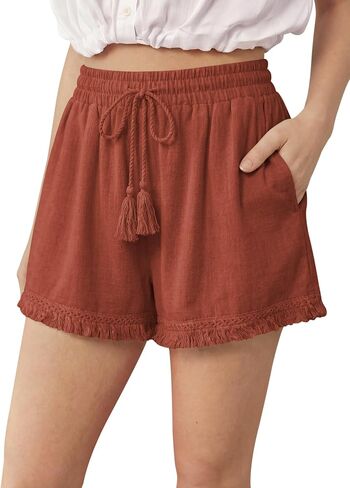 DIBAOLONG Womens Linen Shorts Elastic Waist Wide Leg Summer Beach Casual Boho Tassel Shorts with Drawstring and Pockets in Kuwait