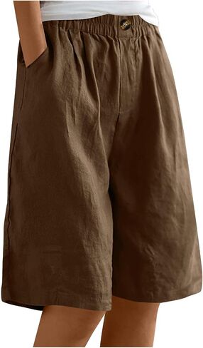 TANGNADE Bermuda Shorts for Women Knee Length Summer Elastic Waist Wide Leg Casual Beach Linen Long Shorts with Pockets in Kuwait