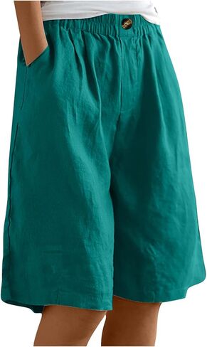 TANGNADE Bermuda Shorts for Women Knee Length Summer Elastic Waist Wide Leg Casual Beach Linen Long Shorts with Pockets in Kuwait