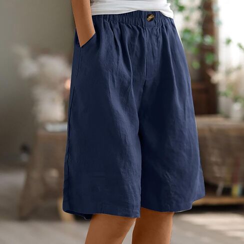 TANGNADE Bermuda Shorts for Women Knee Length Summer Elastic Waist Wide Leg Casual Beach Linen Long Shorts with Pockets in Kuwait