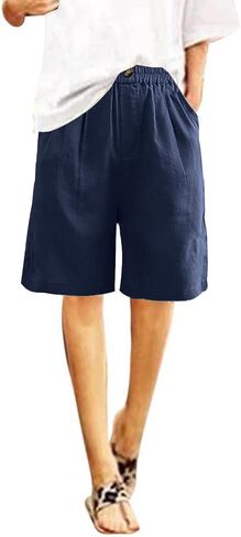 TANGNADE Bermuda Shorts for Women Knee Length Summer Elastic Waist Wide Leg Casual Beach Linen Long Shorts with Pockets in Kuwait