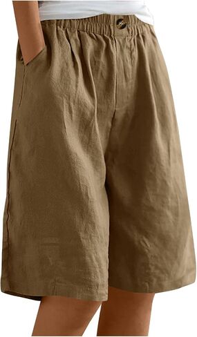 TANGNADE Bermuda Shorts for Women Knee Length Summer Elastic Waist Wide Leg Casual Beach Linen Long Shorts with Pockets in Kuwait