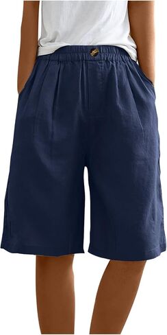 TANGNADE Bermuda Shorts for Women Knee Length Summer Elastic Waist Wide Leg Casual Beach Linen Long Shorts with Pockets in Kuwait