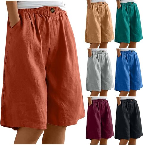 TANGNADE Bermuda Shorts for Women Knee Length Summer Elastic Waist Wide Leg Casual Beach Linen Long Shorts with Pockets in Kuwait